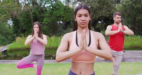 Diverse Group Practicing Yoga Outdoors in Park