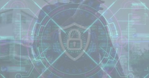 Cybersecurity elements overlaying person using technology outdoors