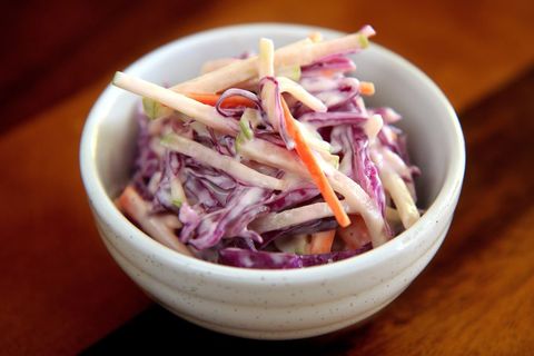 Creamy Red Cabbage Slaw in White Bowl Close-Up, Fresh Coleslaw with Carrot and Cabbage