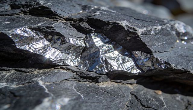 Glittering metallic vein cutting dark shale bedrock, macro crystalline facets