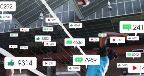 Jumping volleyball player reaching for ball with social media engagement overlays and reaction bubbl