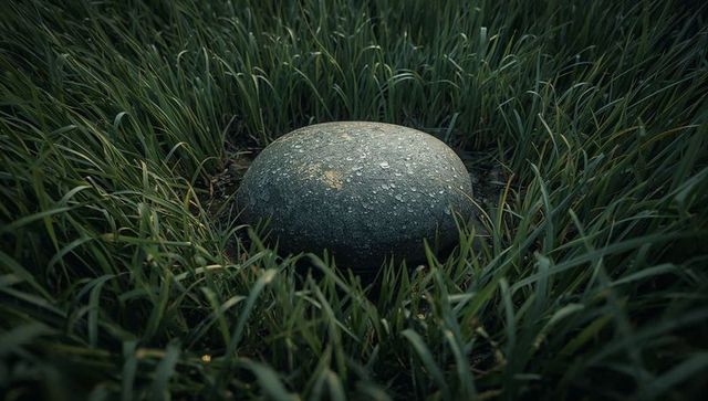 Glistening rounded river stone resting in dewy grass hollow with lichen texture