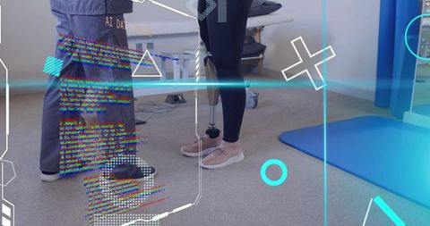 Woman with prosthetic leg balancing in therapy room with ar technology