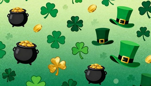 St patrick's day seamless pattern celebrating shamrocks, leprechaun hats and pots of gold
