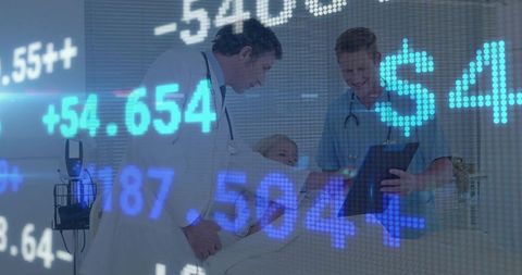 Healthcare professionals reviewing patient details with financial data overlay