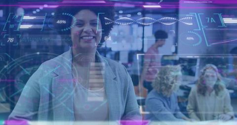 Smiling professional presenting holographic dashboards and leading analytics team