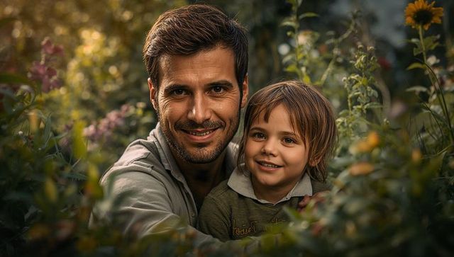 Smiling father and son hugging in wildflower garden during golden hour intimate portrait