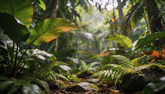Sunlit tropical forest floor with moss-covered rocks, ferns and lush green leaves
