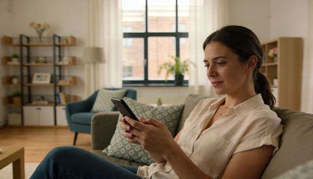 Woman relaxing on sofa scrolling smartphone in cozy modern living room with natural light