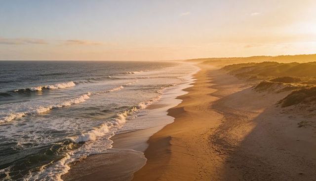 Golden hour coastline with waves rolling onto wet sand and dune shadows