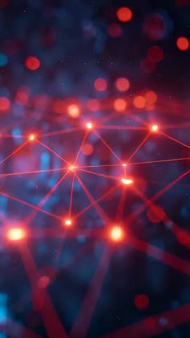 Vertical video sweeping through neon network mesh with pulsing red nodes and holographic glow