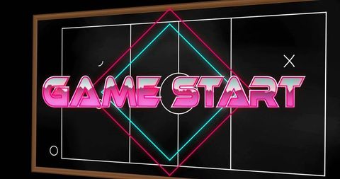 Glowing retro neon game start sign over chalk pitch with cyan magenta diamond frame