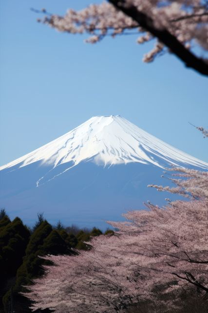 This picturesque scene that features snow-capped Mount Fuji framed by cherry blossom trees makes a perfect image for use in travel brochures, nature magazines, blogs, wall art, or advertisements focused on tourism, springtime in Japan, and natural beauty. It beautifully represents the serenity and iconic landscapes of Japan.