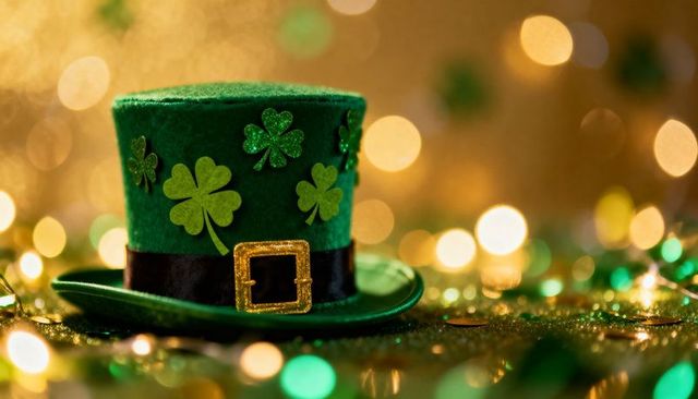 Sparkling Green Leprechaun Hat with Shamrocks and Gold Buckle for St Patrick Party Decor