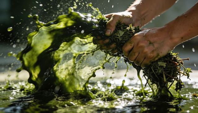 Hands squeezing sunlit green algae splashing water harvest close-up