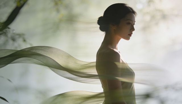 Ethereal asian woman in garden clearing with flowing veil and soft backlit profile