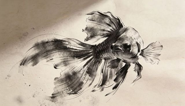 Flowing sumi-e goldfish brushwork on warm textured paper — monochrome ink calligraphy art