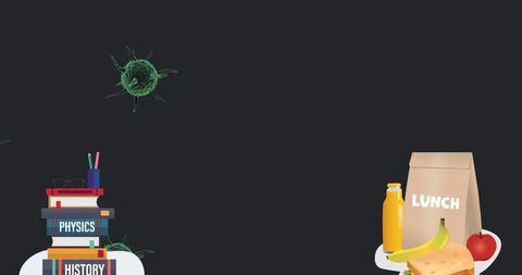 Virus cells over school icons representing global pandemic impact