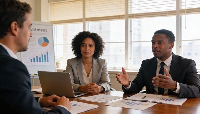 Business executives presenting investment strategy during client meeting in modern office