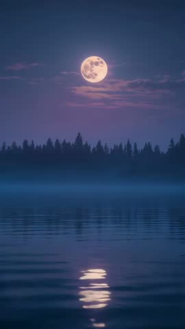 Shimmering Full Moon Casting Rippling Reflection Over Misty Forest Lake | Vertical Night