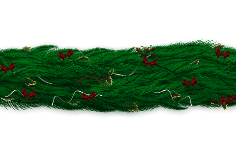 Festive Fir Branch Garland with Red Bows and Golden Accents on Transparent Background