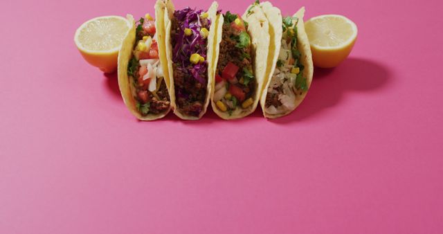 Assorted tacos with various fillings like shredded purple cabbage, chopped tomatoes, and fresh cilantro are arranged on a bright pink background. Lemon halves are placed on each side, adding a fresh visual element. This image is perfect for food blogs, recipe websites, and promotional materials for Mexican restaurants. It emphasizes vibrant, healthy ingredients and the presentation of diverse taco options.