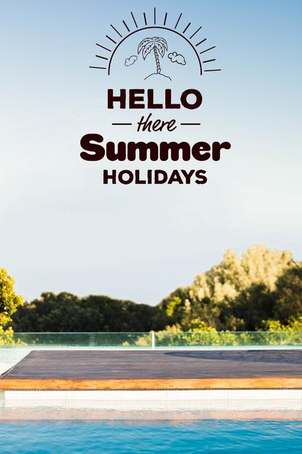 Digital composite of hello there summer holidays with picture of swimming pool