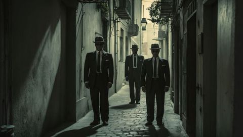 Mysterious bodyguards in suits in lantern-lit cobblestone alley
