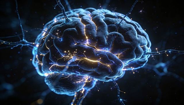 Floating glowing brain pulsing blue and gold neural pathways representing ai connectivity