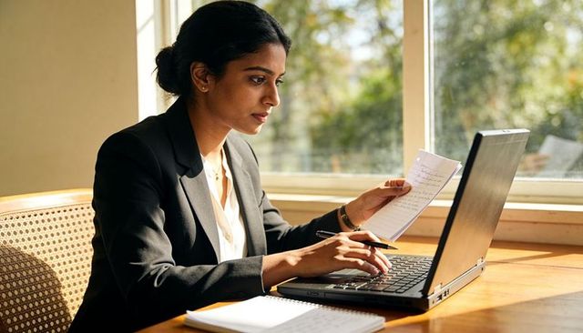 South asian businesswoman working remotely in blazer, reviewing notes and typing on laptop
