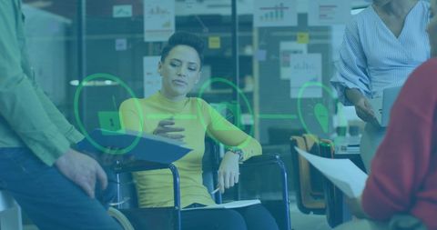 Diverse Business Meeting with Technology Overlay in Modern Office