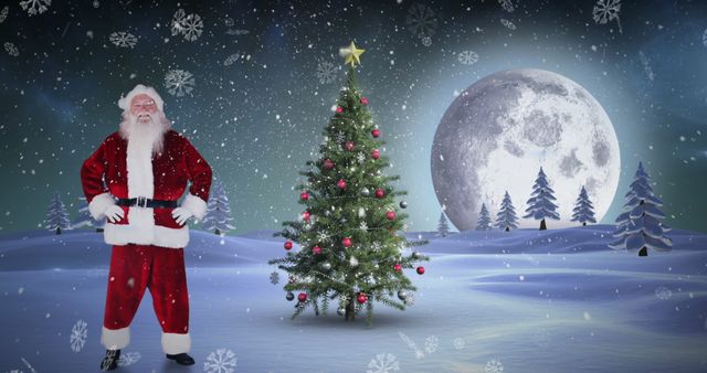 Santa Claus Standing by Decorated Christmas Tree in Snow-Filled Magical Winter Landscape - Download Free Stock Images Pikwizard.com