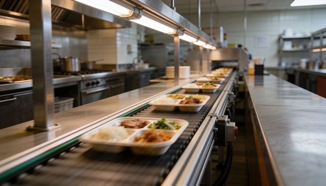 Conveyor gliding prepared meal trays through commercial kitchen line under heat lamps