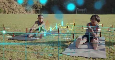 Young boys exercising with ar data in nature