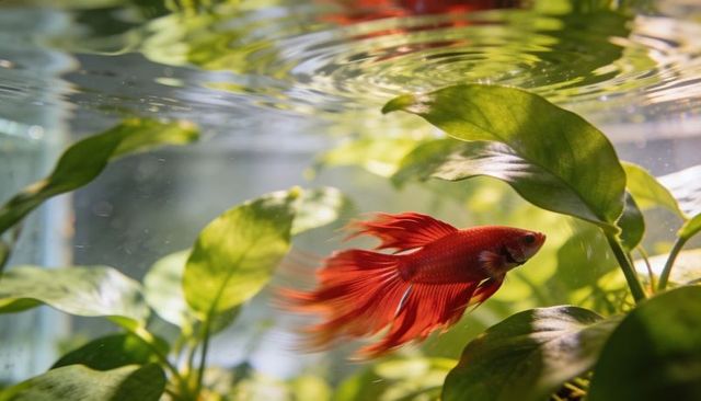 Vibrant red betta gliding through lush aquarium plants with rippling reflections