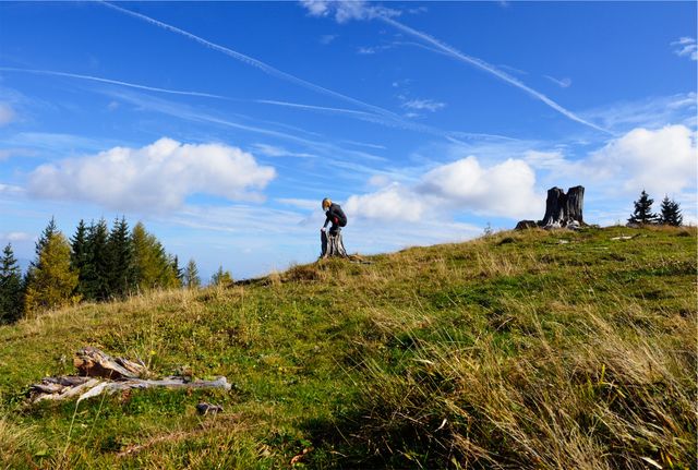 A solo hiker is seen exploring a scenic alpine meadow on a bright, clear day. The sky is dotted with clouds, and contrails can be seen. The hiker stands near a tree stump amidst the grassy terrain, surrounded by rolling hills and distant pine trees. This image is perfect for use in travel blogs, outdoor adventure promotions, and nature documentaries, capturing the essence of adventure and the beauty of untouched landscapes.