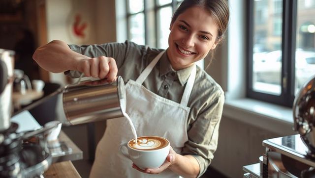 Smiling barista pouring steamed milk creating latte art at sunlit cafe counter