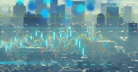 City skyline showing real-time market data overlay with candlestick charts and analytics
