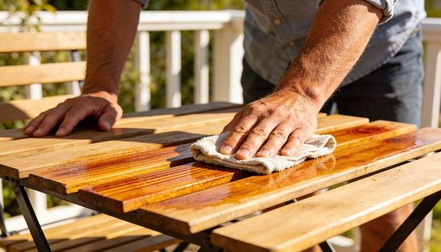 Man restoring outdoor wood table using rag and varnish on sunlit patio