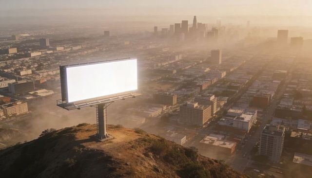 Glowing blank billboard standing overlooking urban grid and skyline at golden hour