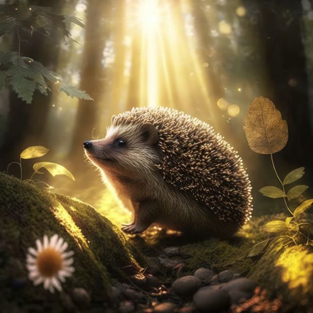 Hedgehog standing on forest floor with rays of sunlight creating a warm, tranquil scene. Suitable for nature-themed designs, wildlife presentations, or calm and serene background illustrations.