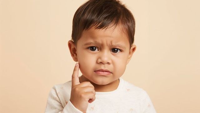 Curious toddler touching cheek and frowning in closeup studio portrait on beige background