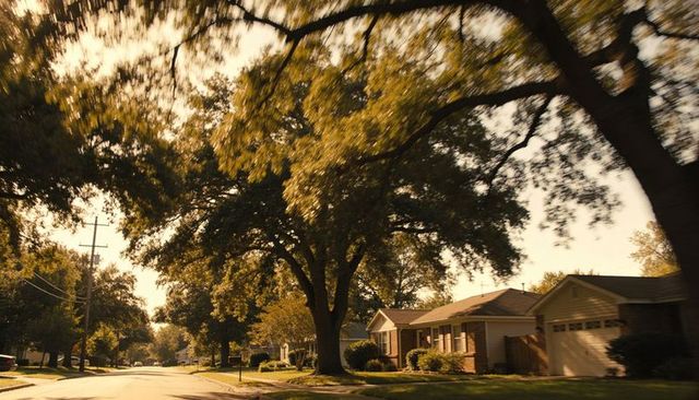 Golden hour suburban street with towering oak canopy shading brick ranch homes and lawns
