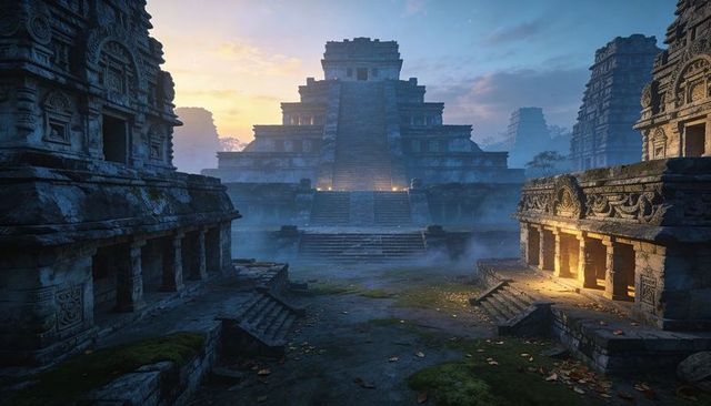 Ancient stepped pyramid temple at dawn with foggy staircase, carved stone reliefs and moss