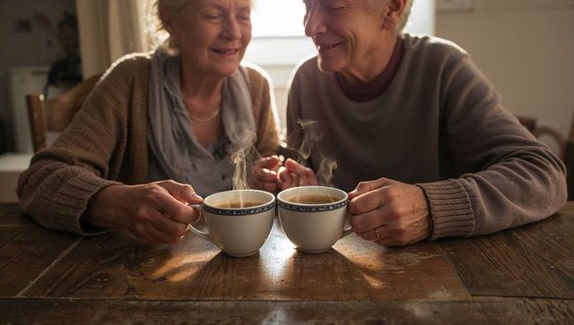 Senior couple sharing steaming coffee cups at rustic dining table, cozy intimate morning