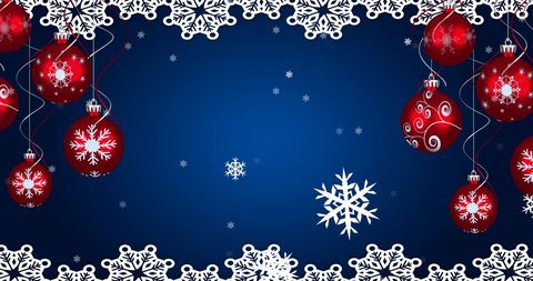 Festive Christmas Garland with Red Baubles on Snowy Blue Background