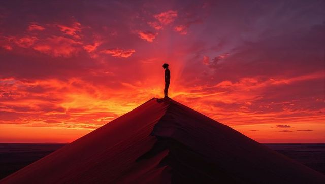 Solitary silhouette standing on dune crest at fiery sunrise with dramatic cloud formations
