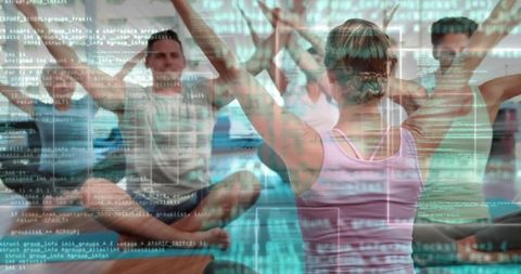 Instructor Leading Yoga Class with Digital Code Overlay