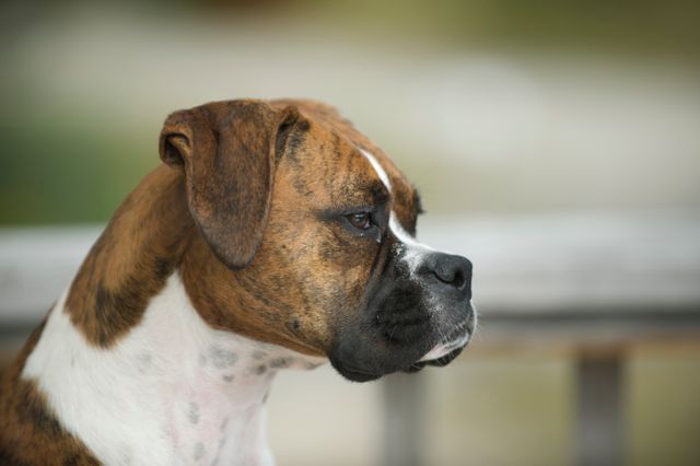 Brown and white boxer dog looking focused while outdoors. Ideal for use in pet care, animal behavior studies, and family pet articles. Offers a detailed close-up showcasing visual qualities and personality traits of the breed.