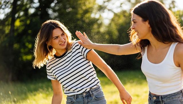 Young women confronting in sunlit park, one reaching to push pollen away, backlit